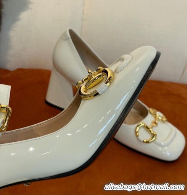 Grade Quality Gucci Patent Leather Mid-heel Mary Janes Pumps with Horsebit 7cm White 052328