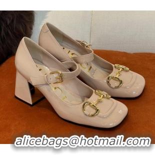 Crafted Gucci Patent Leather Mid-heel Mary Janes Pumps with Horsebit 7cm 052328 Nude