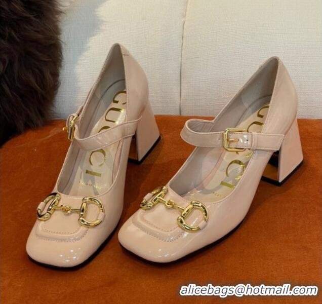 Crafted Gucci Patent Leather Mid-heel Mary Janes Pumps with Horsebit 7cm 052328 Nude