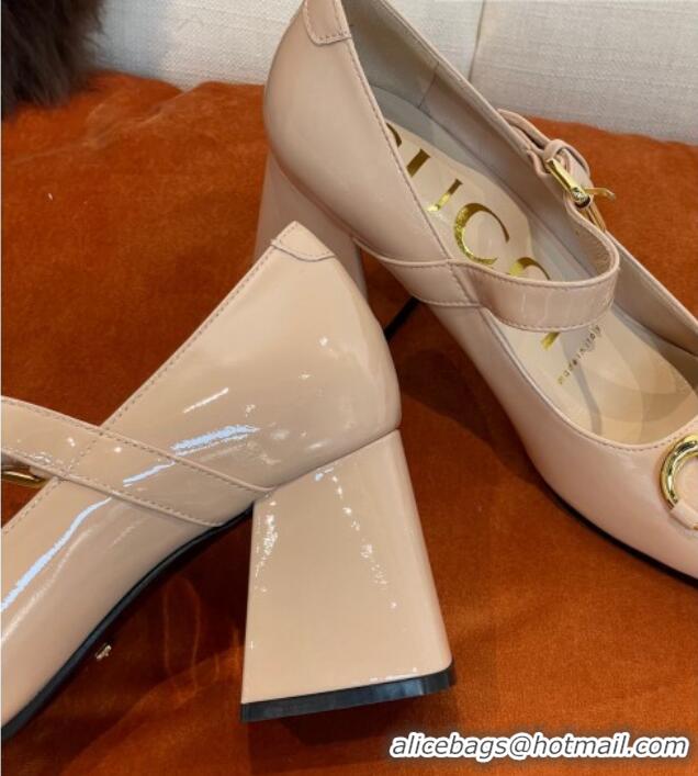 Crafted Gucci Patent Leather Mid-heel Mary Janes Pumps with Horsebit 7cm 052328 Nude