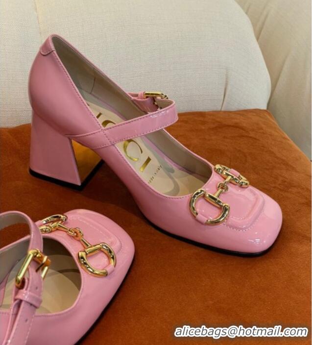 Best Product Gucci Patent Leather Mid-heel Mary Janes Pumps with Horsebit 7cm 052328 Light Pink