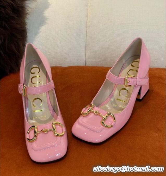 Best Product Gucci Patent Leather Mid-heel Mary Janes Pumps with Horsebit 7cm 052328 Light Pink