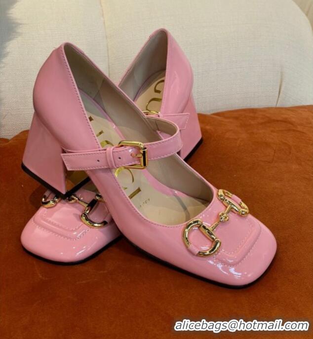 Best Product Gucci Patent Leather Mid-heel Mary Janes Pumps with Horsebit 7cm 052328 Light Pink