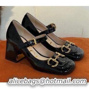 Hot Style Gucci Patent Leather Mid-heel Mary Janes Pumps with Horsebit 7cm 052328 Black