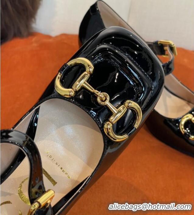 Hot Style Gucci Patent Leather Mid-heel Mary Janes Pumps with Horsebit 7cm 052328 Black