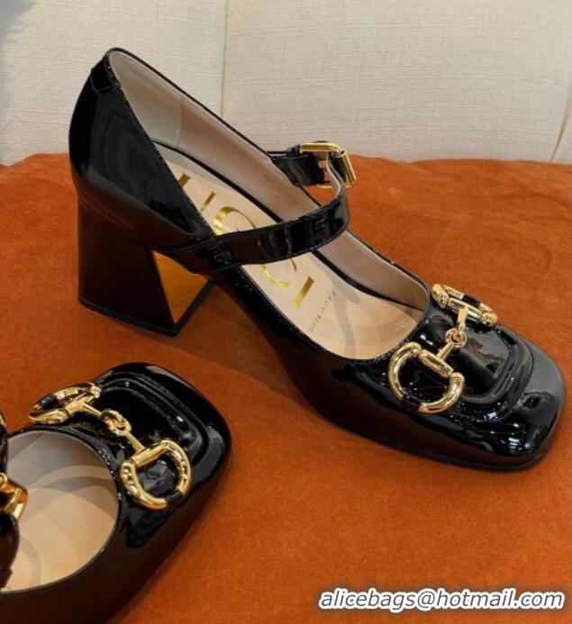 Hot Style Gucci Patent Leather Mid-heel Mary Janes Pumps with Horsebit 7cm 052328 Black