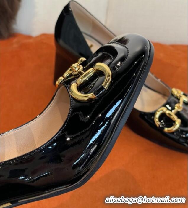 Hot Style Gucci Patent Leather Mid-heel Mary Janes Pumps with Horsebit 7cm 052328 Black