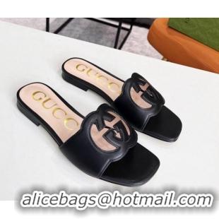 Stylish Gucci Leather Flat Slide Sandals with Interlocking G Cut-out 052521 Black