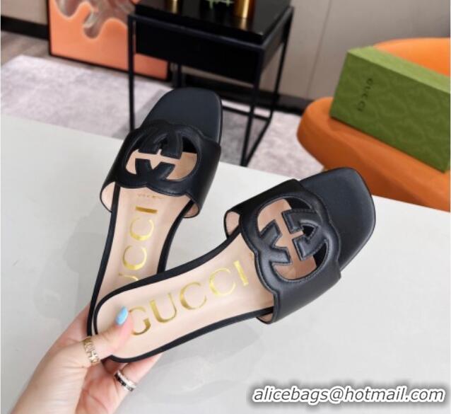 Stylish Gucci Leather Flat Slide Sandals with Interlocking G Cut-out 052521 Black