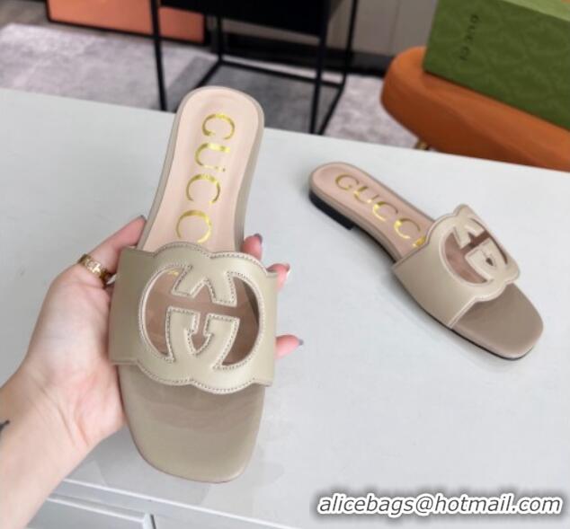 Luxury Gucci Leather Flat Slide Sandals with Interlocking G Cut-out 2052521 Grey 