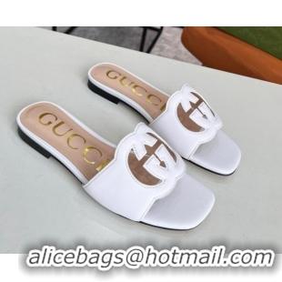 Perfect Gucci Leather Flat Slide Sandals with Interlocking G Cut-out 2052521 White