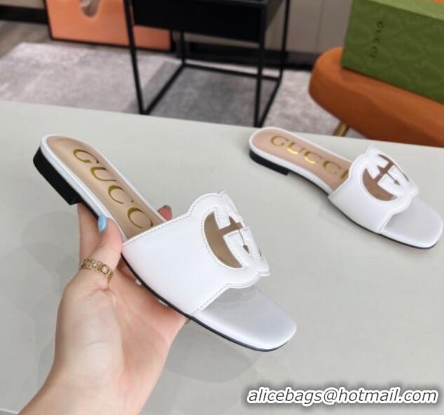 Perfect Gucci Leather Flat Slide Sandals with Interlocking G Cut-out 2052521 White