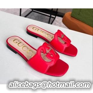 Pretty Style Gucci Leather Flat Slide Sandals with Interlocking G Cut-out 2052521 Red