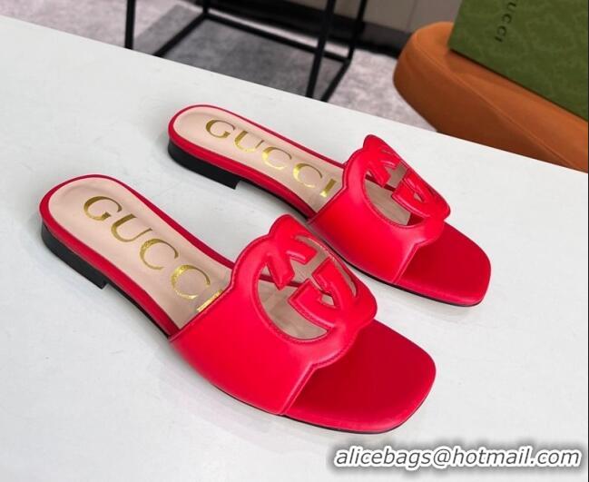 Pretty Style Gucci Leather Flat Slide Sandals with Interlocking G Cut-out 2052521 Red