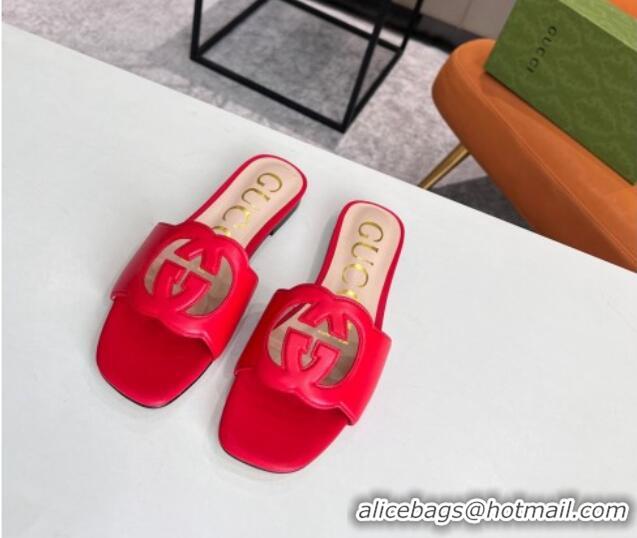 Pretty Style Gucci Leather Flat Slide Sandals with Interlocking G Cut-out 2052521 Red