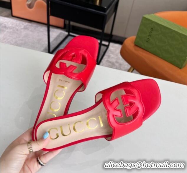 Pretty Style Gucci Leather Flat Slide Sandals with Interlocking G Cut-out 2052521 Red