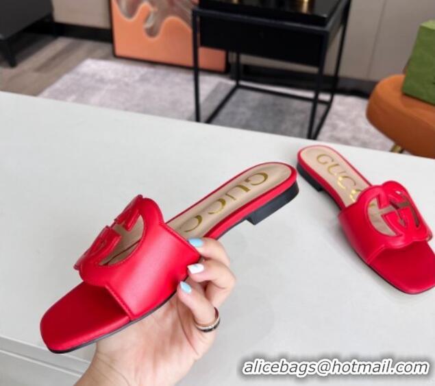 Pretty Style Gucci Leather Flat Slide Sandals with Interlocking G Cut-out 2052521 Red