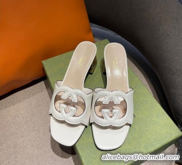 Best Grade Gucci Leather Heel Slide Sandals 5.5cm with Interlocking G Cut-out White 2052606