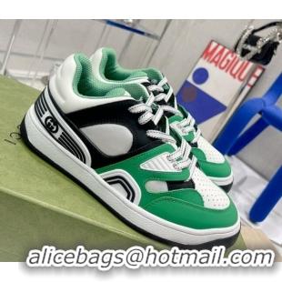 Luxury Gucci Leather Basket Low-top Sneakers White/Black/Green 2052619