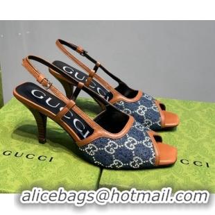 Pretty Style Gucci Denim Mid-heel Sandals Blue/Brown 621113