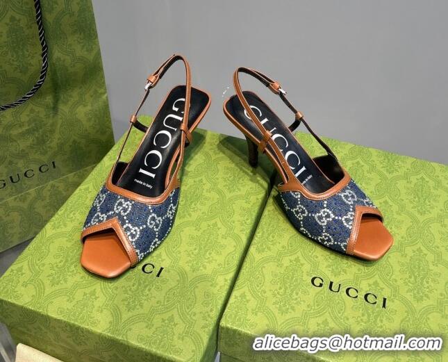 Pretty Style Gucci Denim Mid-heel Sandals Blue/Brown 621113