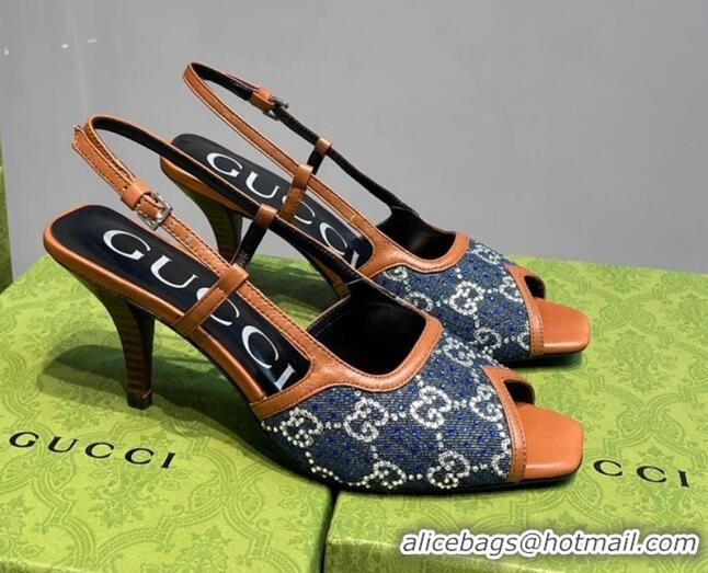 Pretty Style Gucci Denim Mid-heel Sandals Blue/Brown 621113