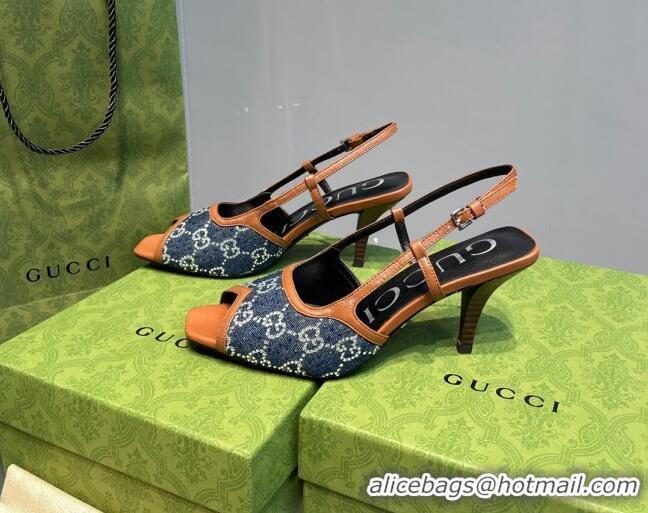 Pretty Style Gucci Denim Mid-heel Sandals Blue/Brown 621113