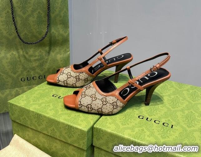 Crafted Gucci Denim Mid-heel Sandals Camel Brown 621114