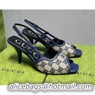 Best Grade Gucci Crystal GG Canvas Mid-heel Sandals Beige/Navy Blue 621115