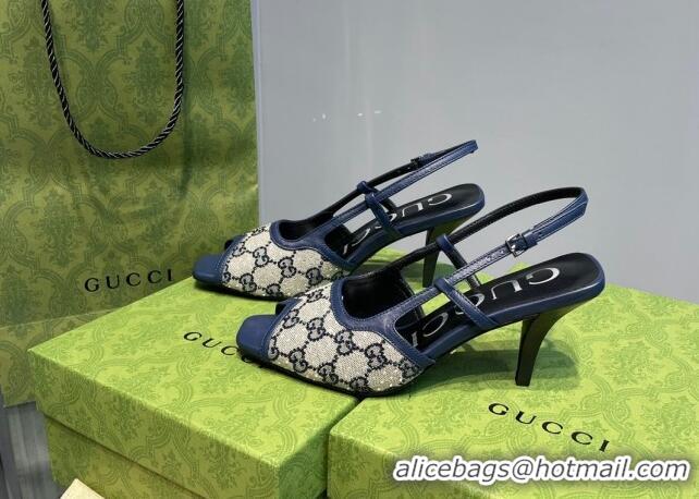 Best Grade Gucci Crystal GG Canvas Mid-heel Sandals Beige/Navy Blue 621115