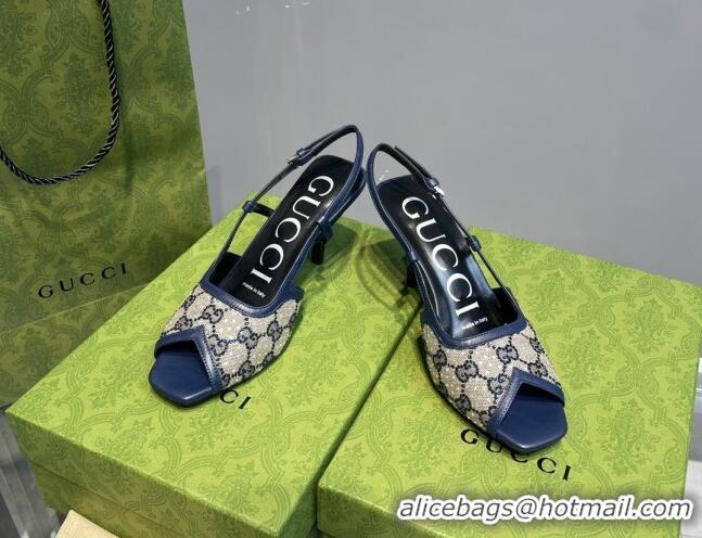 Best Grade Gucci Crystal GG Canvas Mid-heel Sandals Beige/Navy Blue 621115