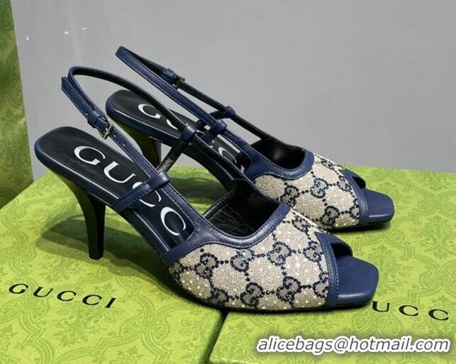 Best Grade Gucci Crystal GG Canvas Mid-heel Sandals Beige/Navy Blue 621115