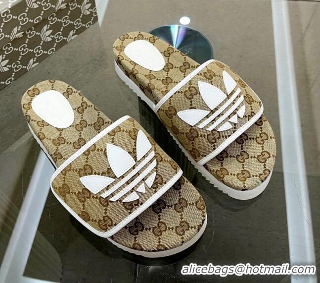 Unique Style Adidas x Gucci GG Canvas Platform Slide Sandal Beige 0621124