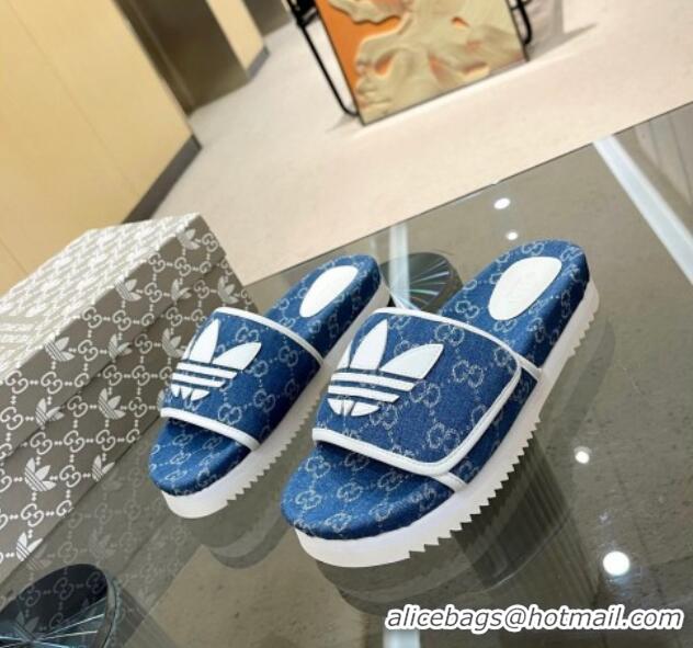 Good Quality Adidas x Gucci GG Canvas Platform Slide Sandal Blue 0621126