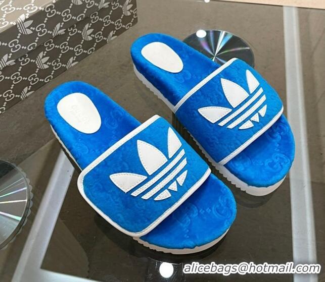 Luxury Cheap Adidas x Gucci GG Sponge Platform Slide Sandal Blue 0621128