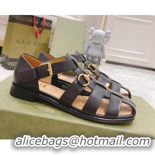 Good Looking Gucci Woven Leather Flat Sandals Black 0621138