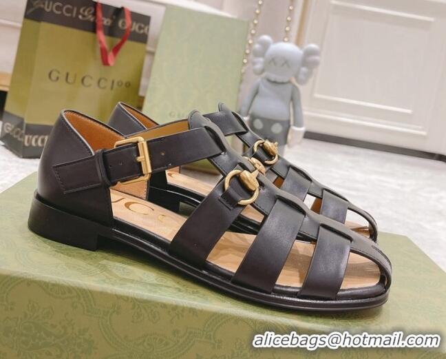 Good Looking Gucci Woven Leather Flat Sandals Black 0621138