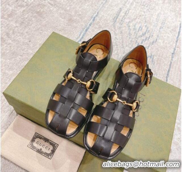 Good Looking Gucci Woven Leather Flat Sandals Black 0621138