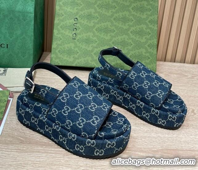 Sumptuous Gucci GG Denim Platform Sandals 5.5cm with Buckle Back Strap Blue 062201