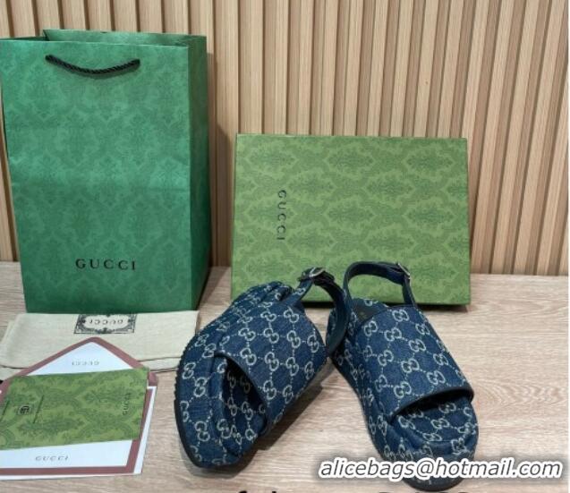 Sumptuous Gucci GG Denim Platform Sandals 5.5cm with Buckle Back Strap Blue 062201