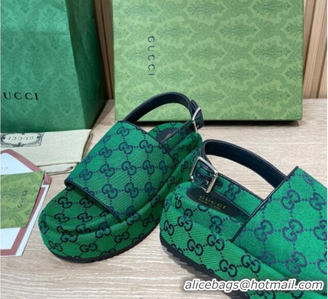 Grade Quality Gucci GG Canvas Platform Sandals 5.5cm with Buckle Back Strap Green 062202