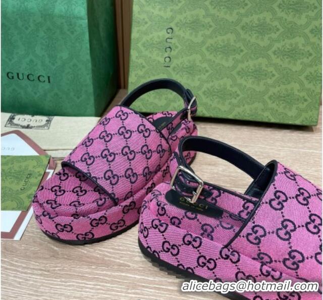 Stylish Gucci GG Canvas Platform Sandals 5.5cm with Buckle Back Strap Fuchsia Pink 062203