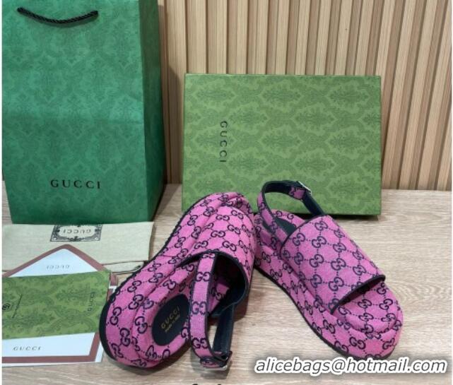 Stylish Gucci GG Canvas Platform Sandals 5.5cm with Buckle Back Strap Fuchsia Pink 062203