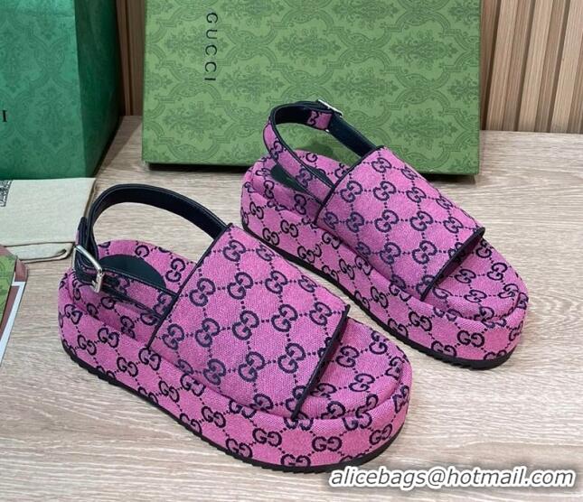 Stylish Gucci GG Canvas Platform Sandals 5.5cm with Buckle Back Strap Fuchsia Pink 062203