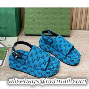 Luxury Gucci GG Canvas Platform Sandals 5.5cm with Buckle Back Strap Sky Blue 062204