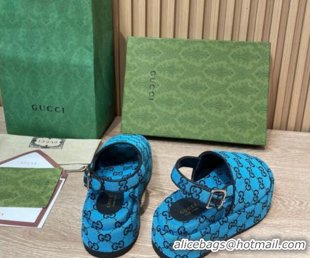 Luxury Gucci GG Canvas Platform Sandals 5.5cm with Buckle Back Strap Sky Blue 062204