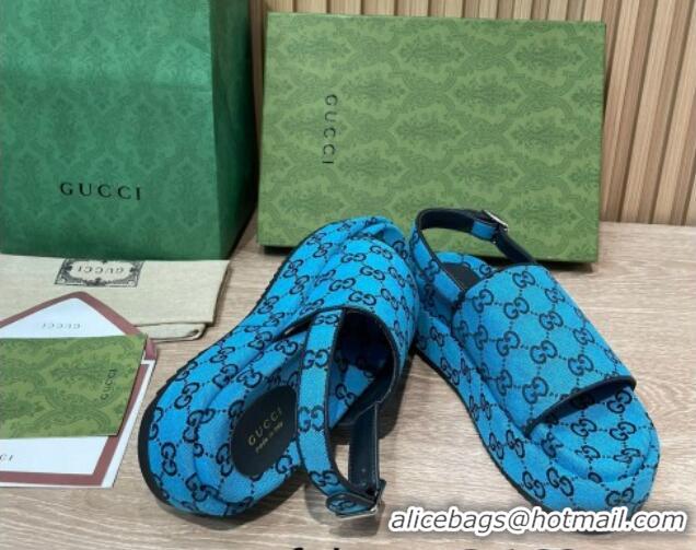 Luxury Gucci GG Canvas Platform Sandals 5.5cm with Buckle Back Strap Sky Blue 062204