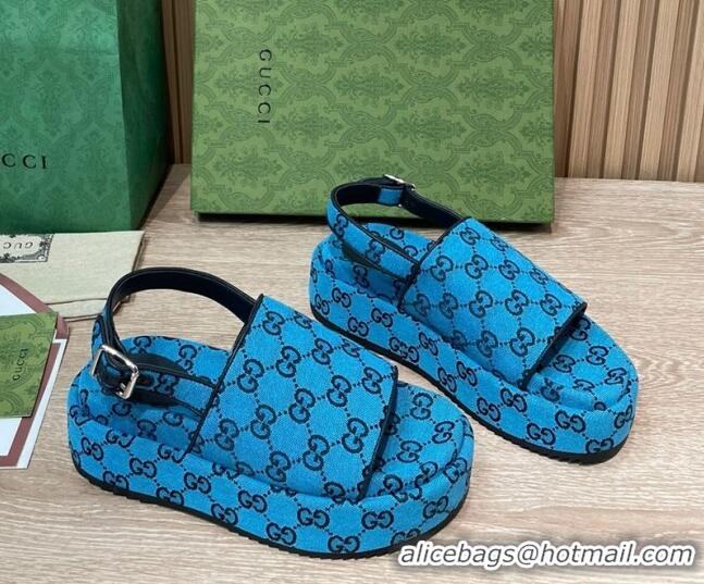 Luxury Gucci GG Canvas Platform Sandals 5.5cm with Buckle Back Strap Sky Blue 062204