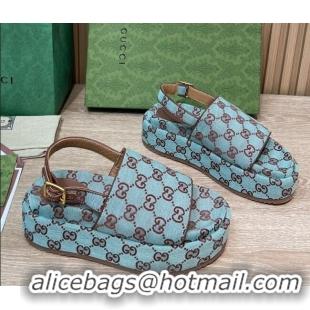 Hot Style Gucci GG Canvas Platform Sandals 5.5cm with Buckle Back Strap Light Blue 062206