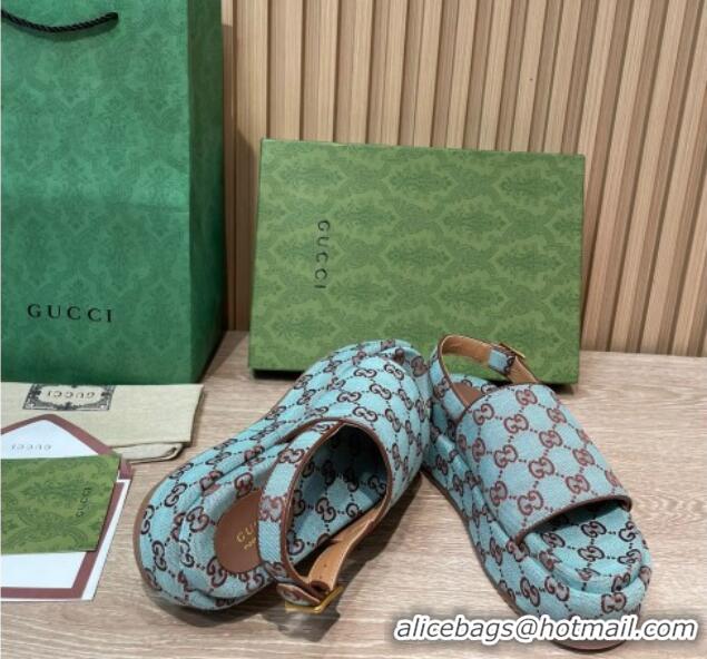 Hot Style Gucci GG Canvas Platform Sandals 5.5cm with Buckle Back Strap Light Blue 062206